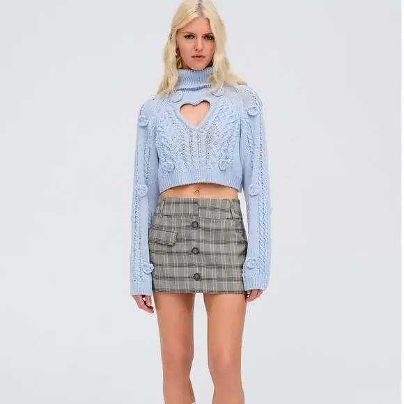 NWT FOR LOVE & LEMONS Rebecca Heart Sweater Size S & M in Blue Knit Turtle Neck - Picture 2 of 11